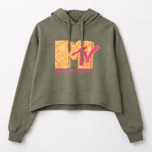 MTV Olive Cropped Hoodie with Yellow and Pink Logo